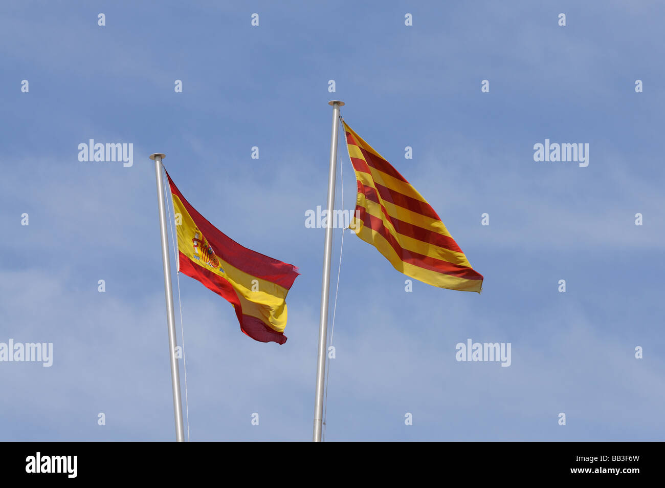 Flags of Spain and Catalonia in Barcelona Stock Photo
