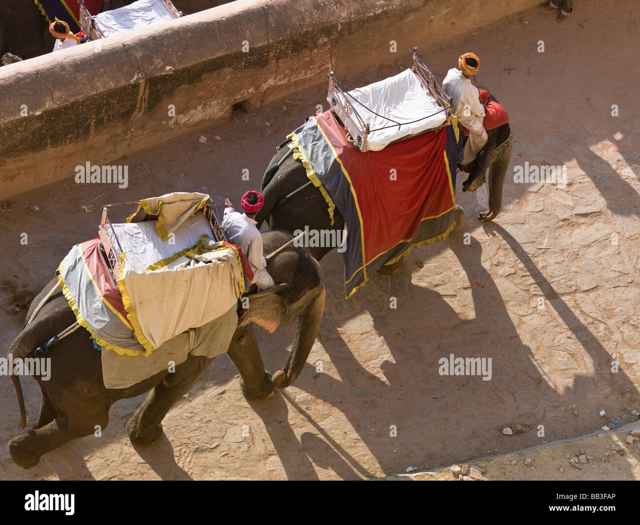 Two mahouts riding on their elephants at Amber Fort; Amber, Jaipur ...
