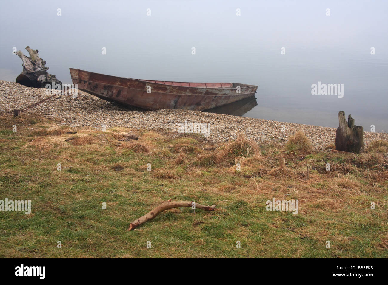 Fisihing boat on the dam channel of river Danube, Southern Slovakia Stock Photo