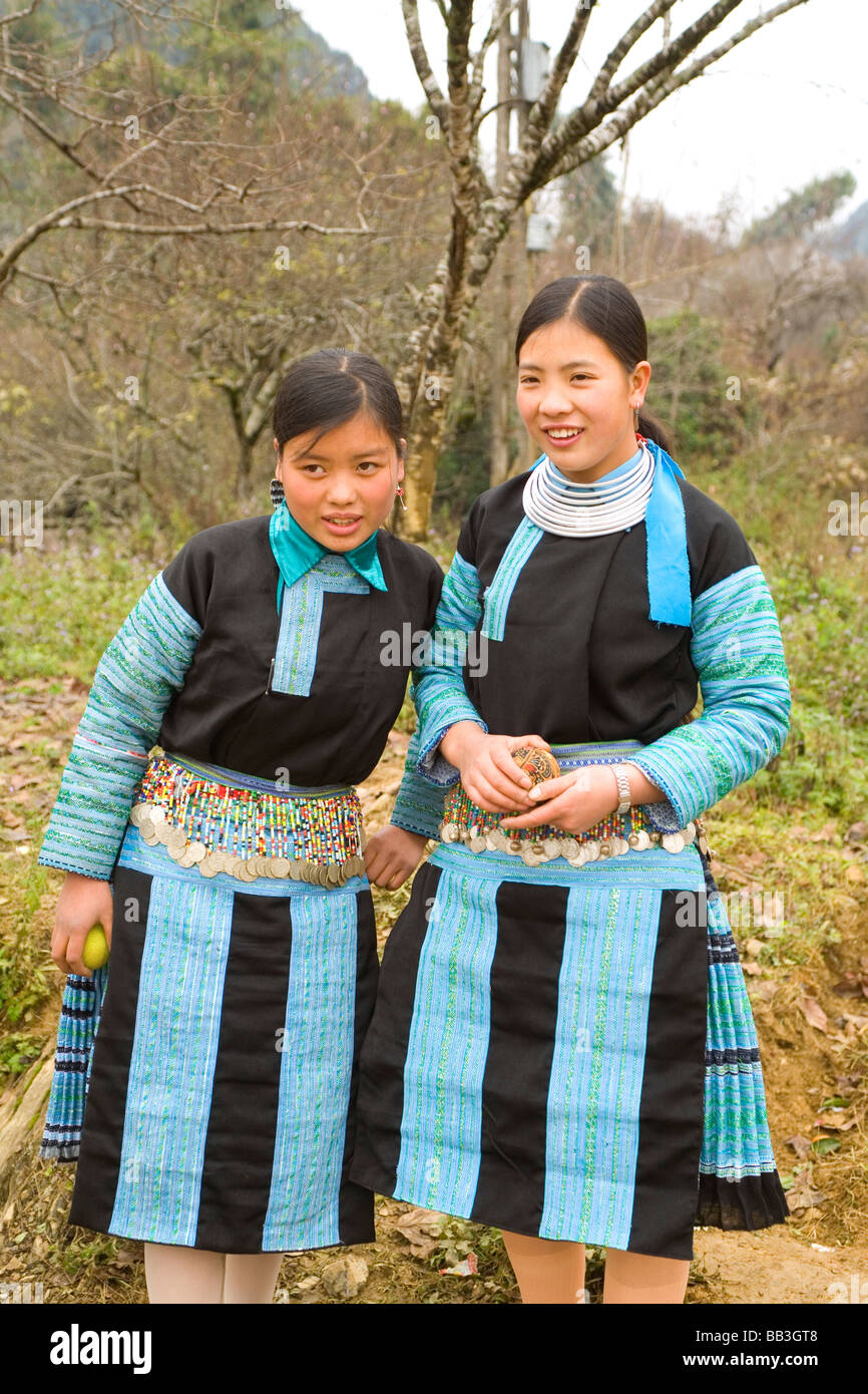 H.mong hill tribe girls in Vietnam wear their new outfits on January 1st 2009 Stock Photo