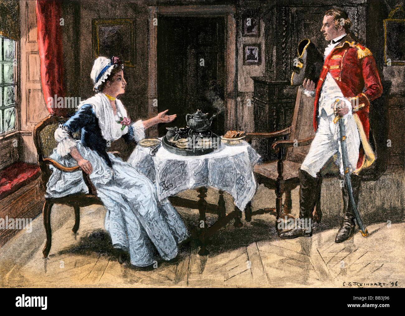Patriotic American woman gathering information from a British officer American Revolution. Hand-colored halftone of an illustration Stock Photo