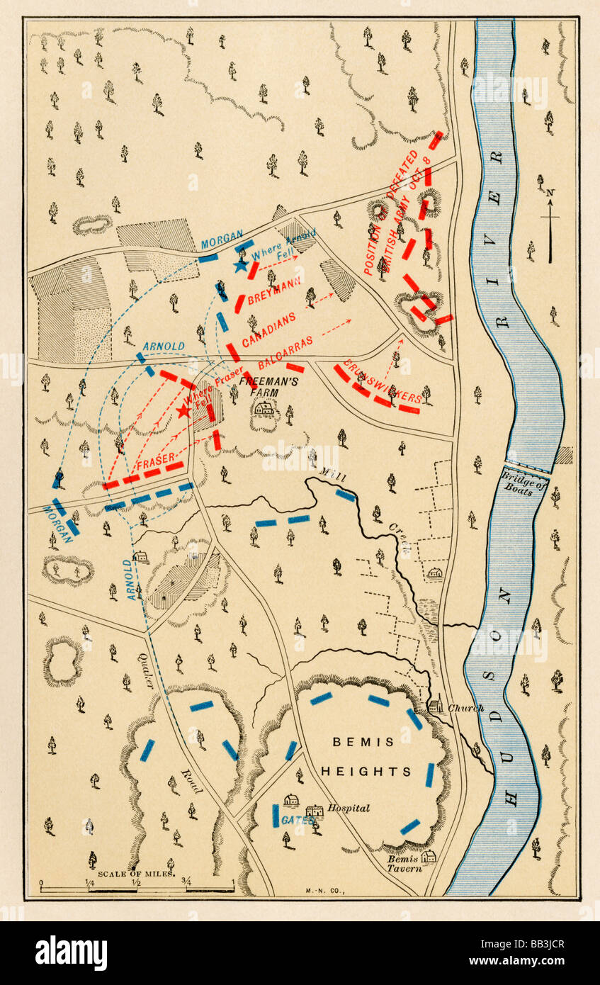 Map of the second battle at Freeman's Farm part of the Saratoga battlefield October 7 1777. Color lithograph Stock Photo