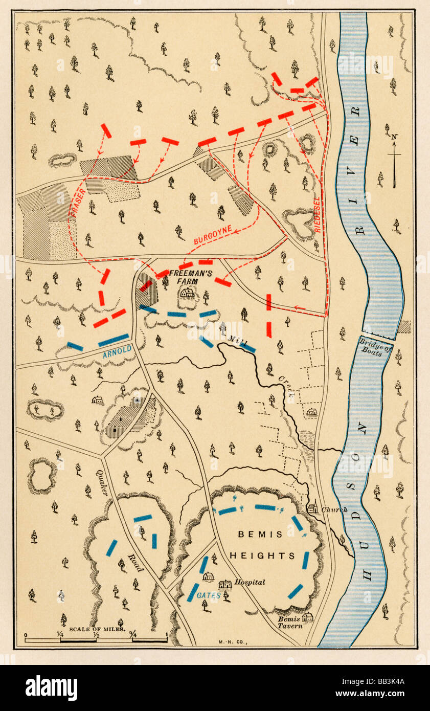 Map of the first battle at Freeman's Farm part of the Saratoga battlefield September 19 1777. Color lithograph Stock Photo