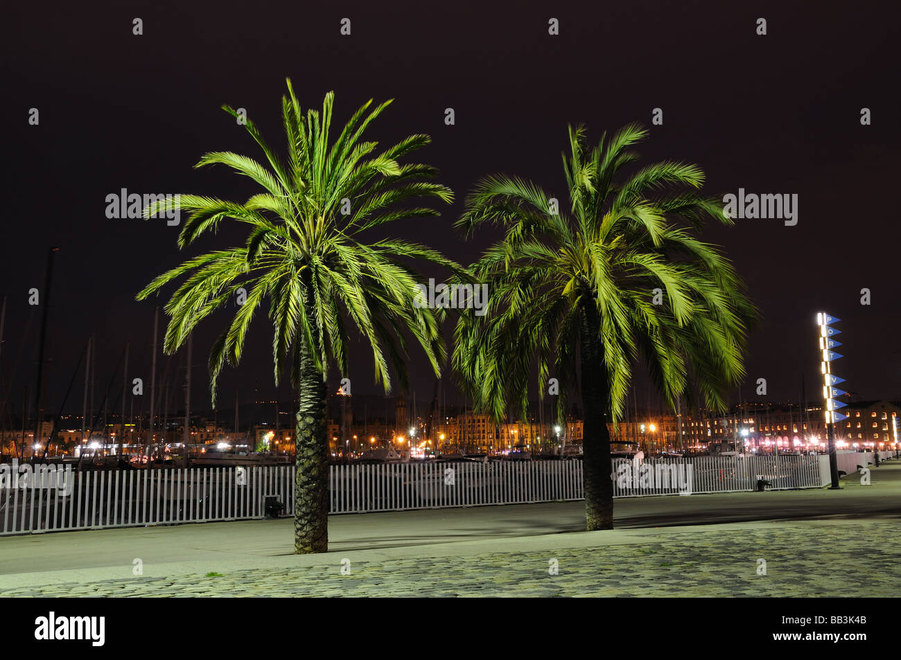 Iluminated Palm Trees in Port Vell, Barcelona Spain Stock Photo