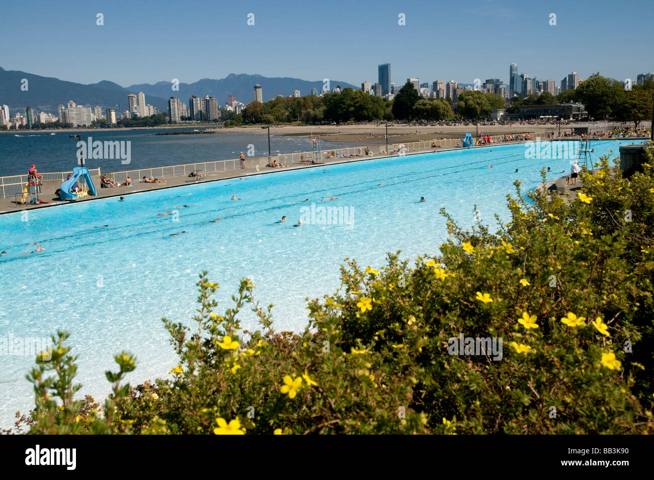 Kitsilano Beach park and swimming pool overlook English Bay and the skyline of downtown Vancouver, BC, Canada. Stock Photo