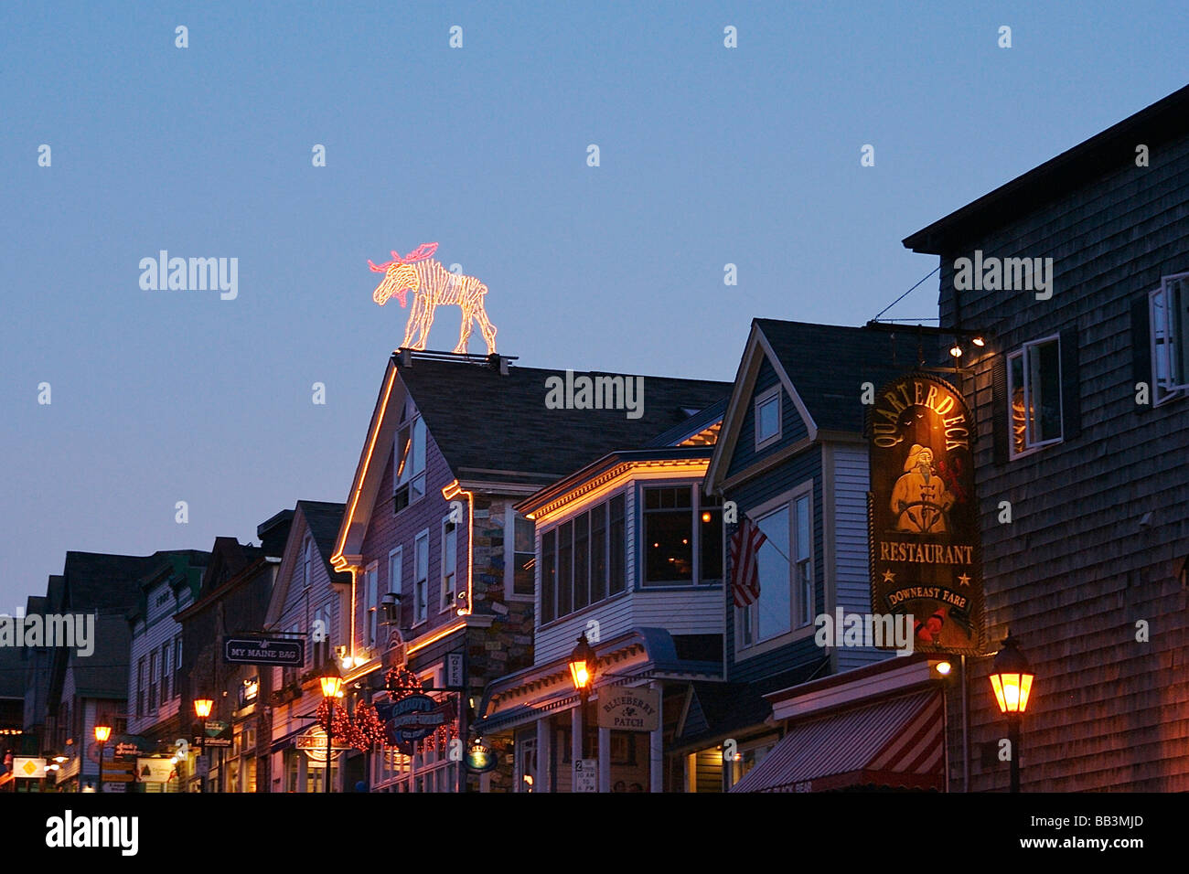 North America, USA, Maine, Bar Harbor. LIghts on Bar Harbor shops and