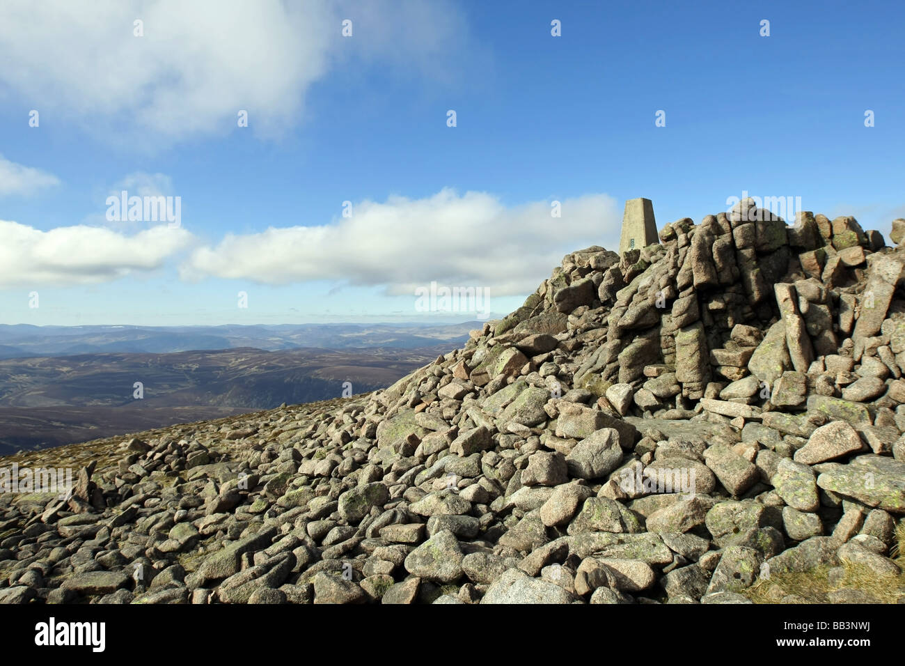 The Trig Point at the summit of the munro Mount Keen in Glen Esk, Angus