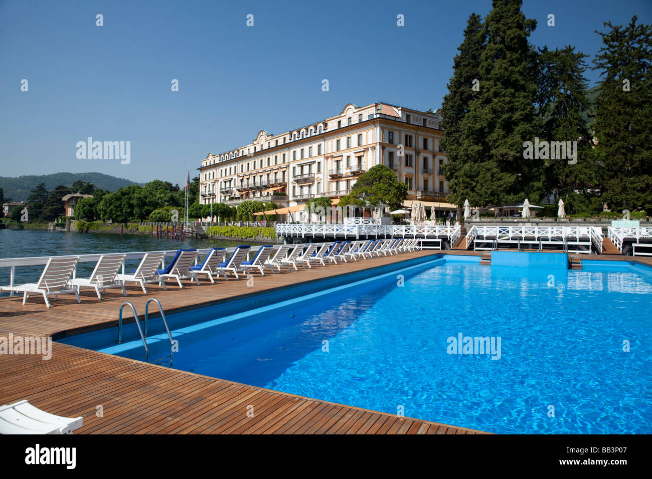 Hotel Villa d'Este, luxury accomodation on Lake Como, view from the floating pool on the lake. Cernobbio, Como, Italy Stock Photo