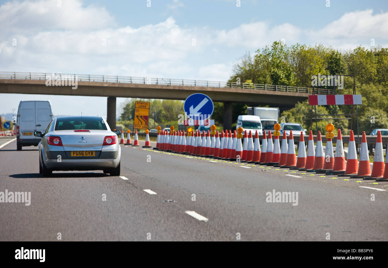 Driving through a roadworks contraflow system on a UK motorway Stock Photo