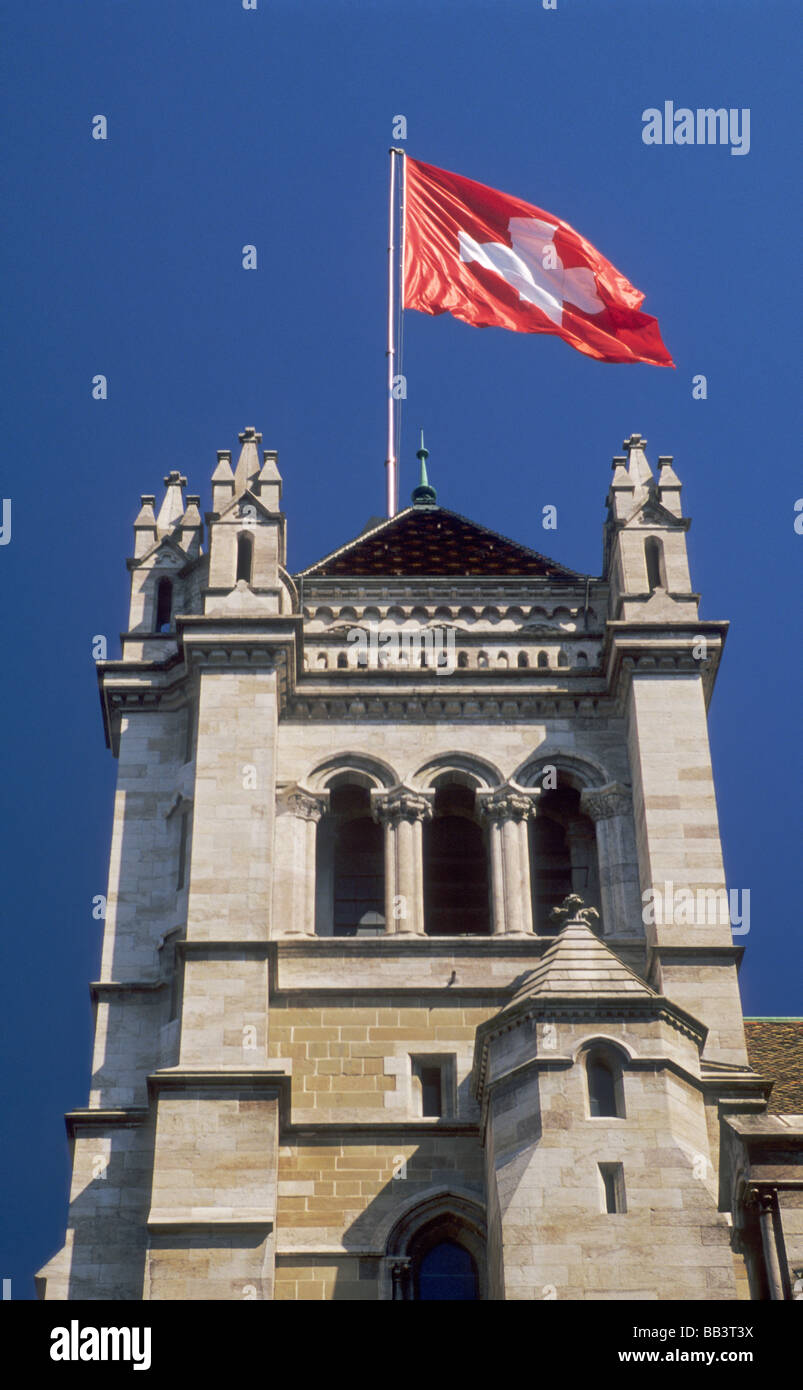 Swiss flag at North Tower of St Peters Cathedral in Geneva Switzerland Stock Photo