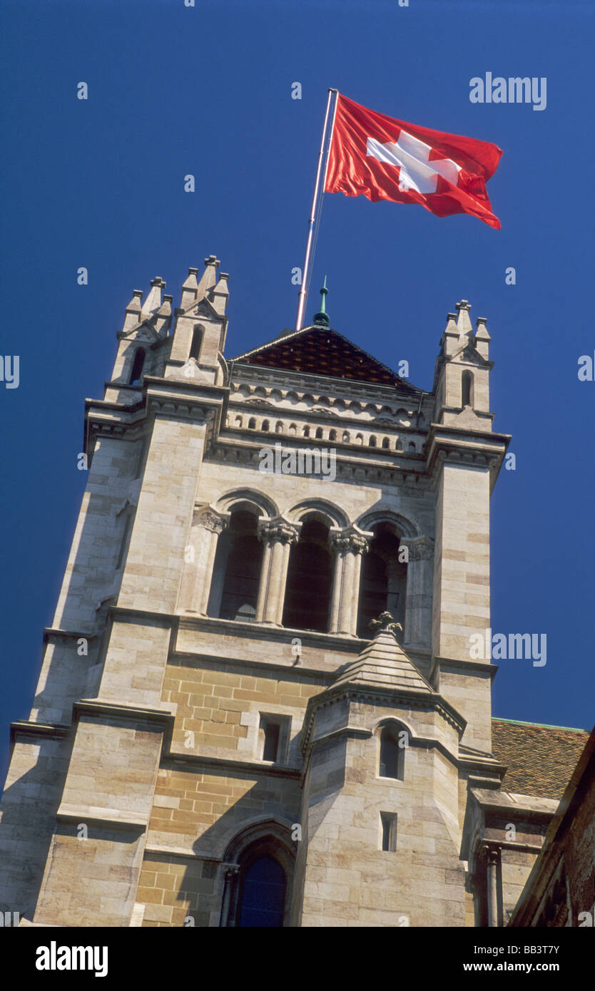 Swiss flag at North Tower of St Peters Cathedral in Geneva Switzerland Stock Photo