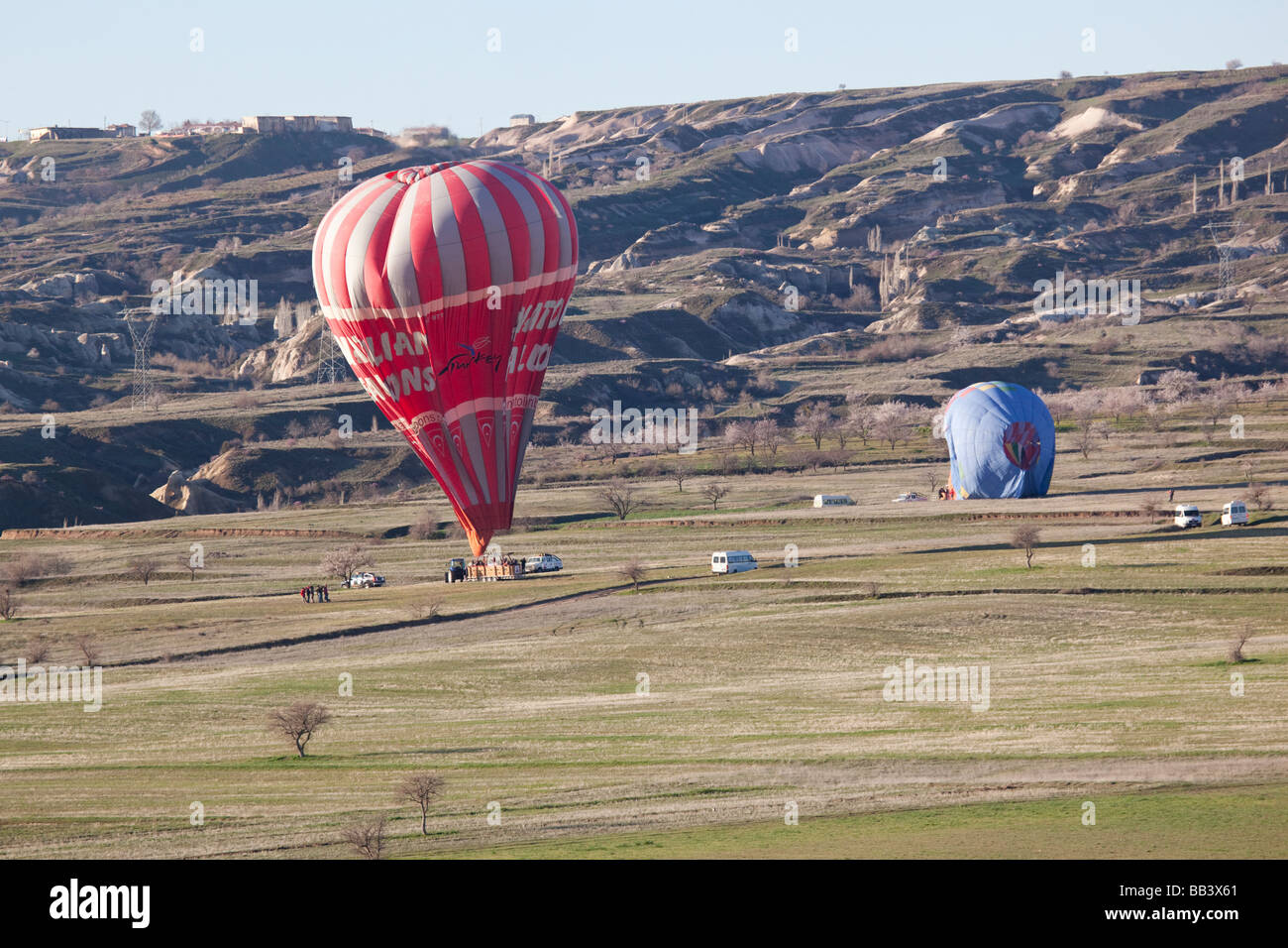 Hot air balloons preparing for flight in Cappadocia Turkey Stock Photo