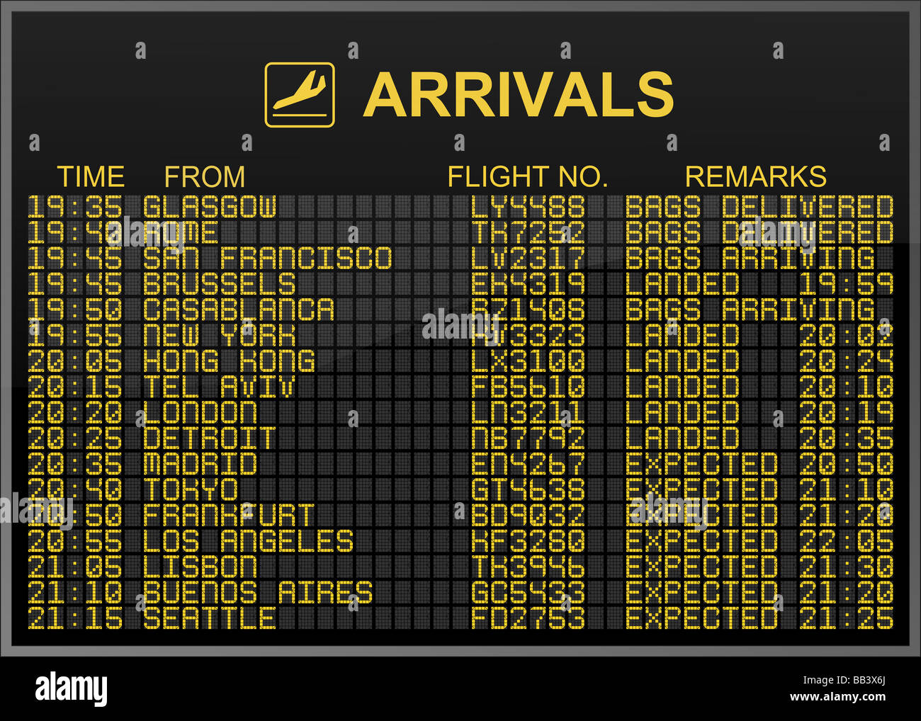 International Airport Arrivals Board Stock Photo