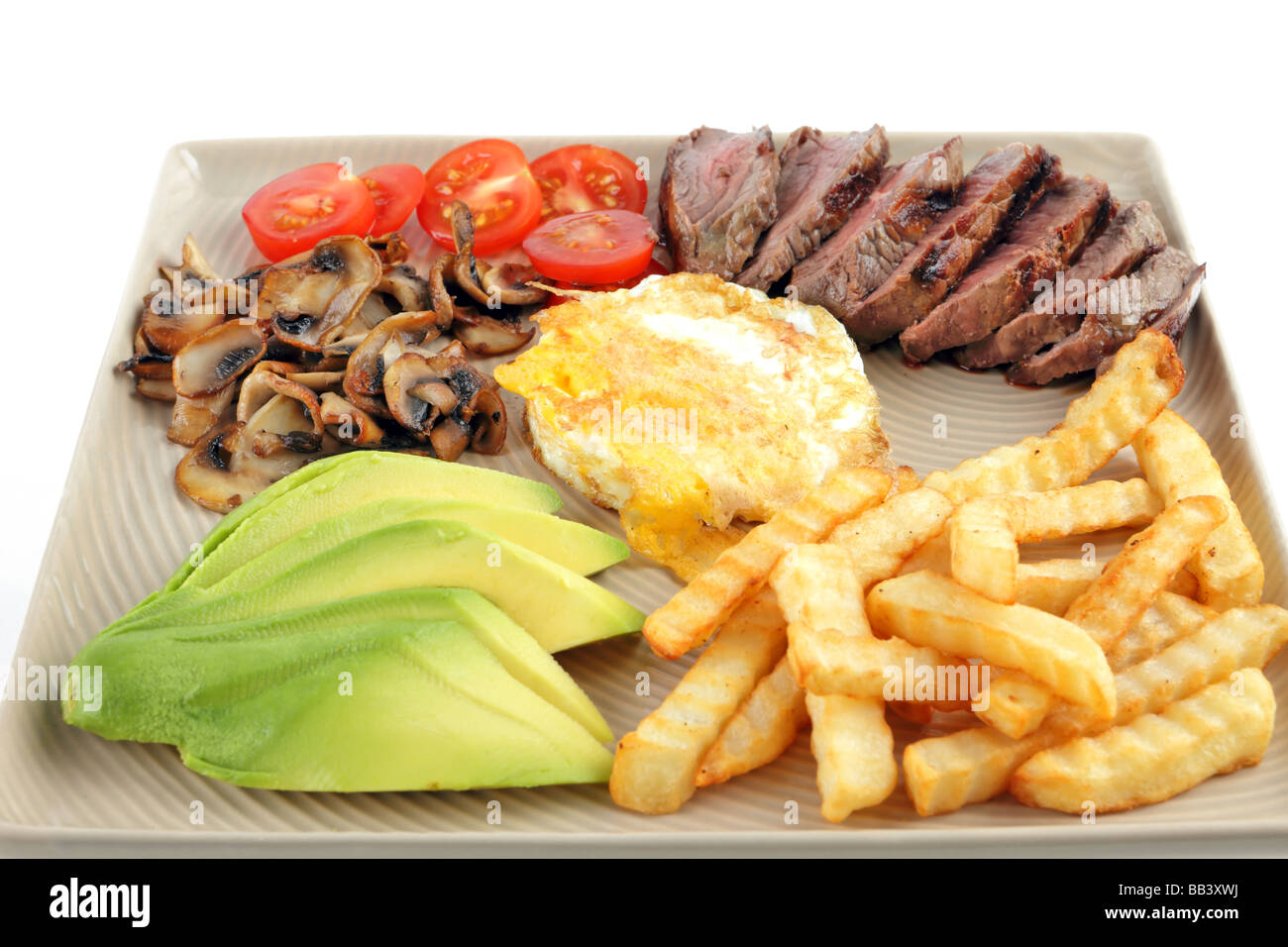 Steak dinner with egg and chips tomato avocado mushrooms Stock Photo