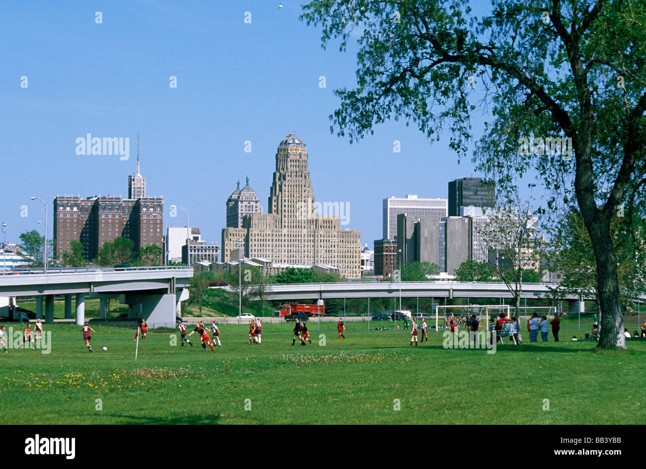 North America, USA, New York, Buffalo. Teens playing soccer Stock Photo