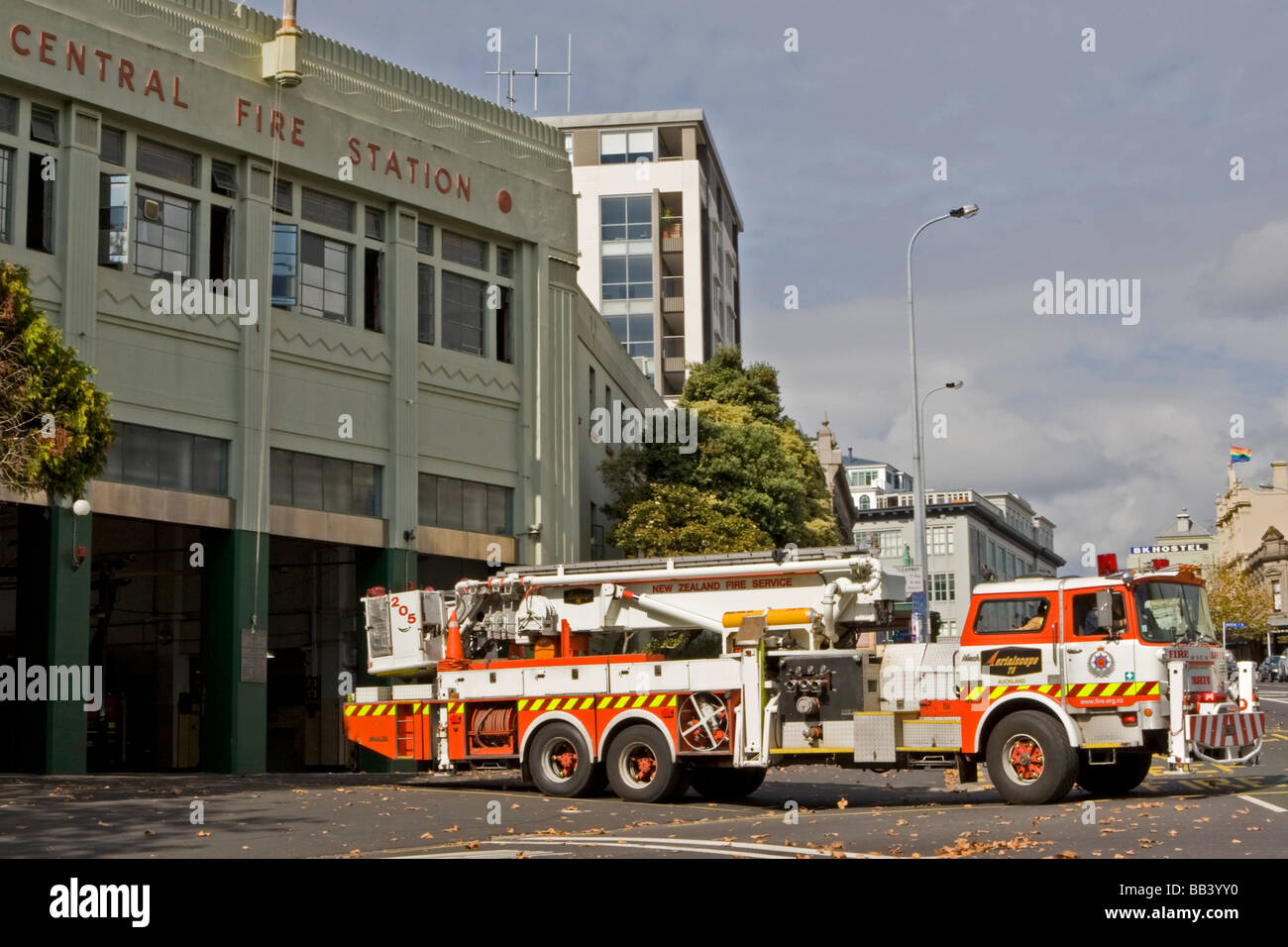 Fire appliance leaving the Central Fire Station Pitt Street Auckland