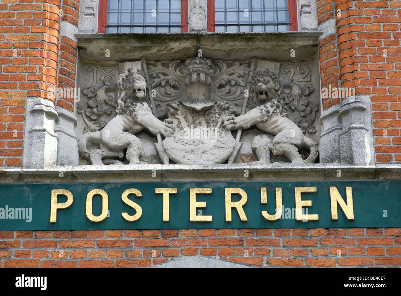 Europe, Belgium, West Flanders, Bruges, Crest of Belgium on the post