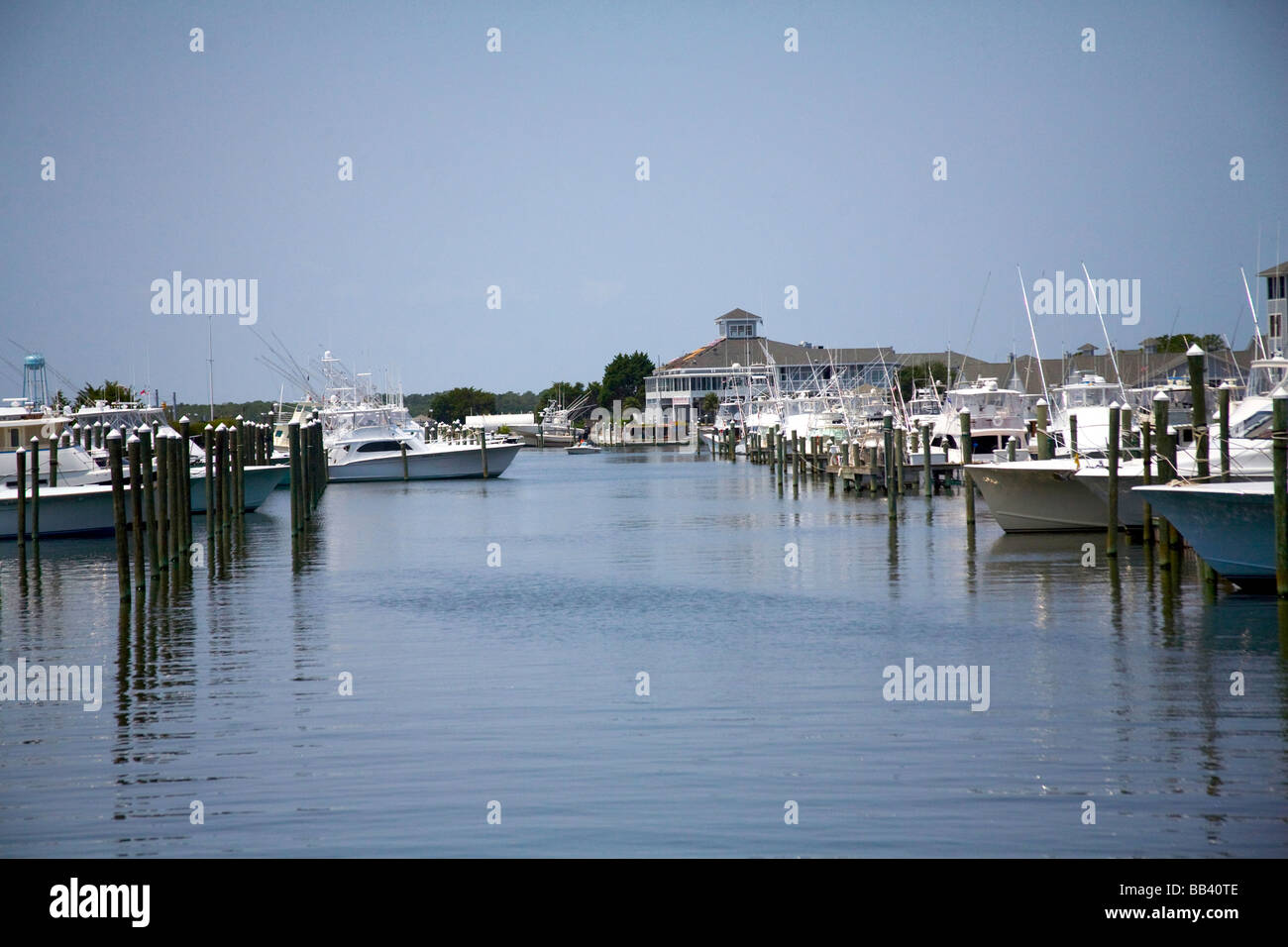 Sport Fishing Boats in slips at Pirates Cove, Roanoke Island, NC Stock