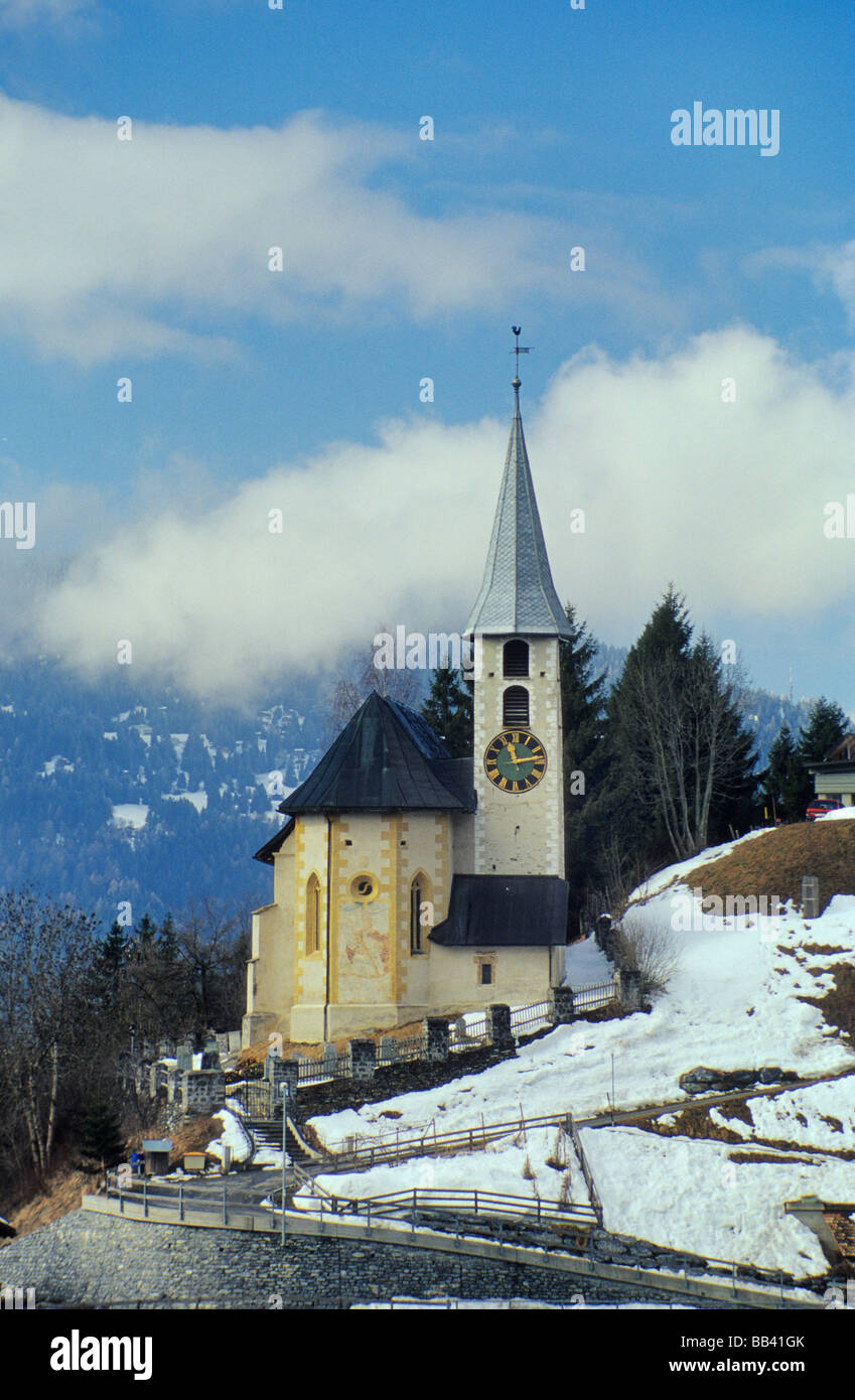 Church at village of Castiel on road to Arosa in Grisons Alps in Graubunden canton Switzerland Stock Photo