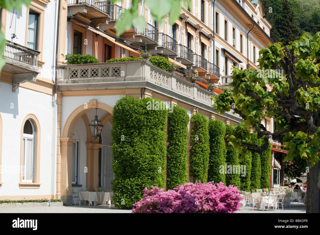Detail of facade of Villa d'Este luxury hotel front lake Como villa in Cernobbio, Italy Stock Photo