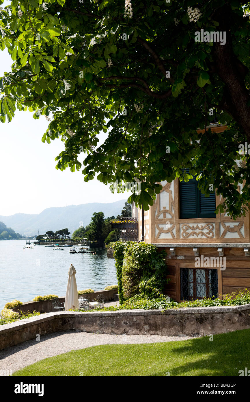 Lake Como coastal view from the gardens of Villa d'Este luxury hotel in Cernobbio, Como, Italy Stock Photo