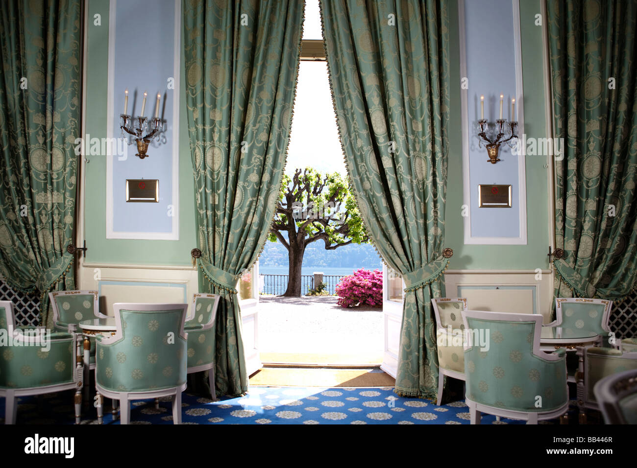Green room by the bar with view on the lake como. Hotel Villa d'ESTE, Cernobbio, Como, Italy Stock Photo