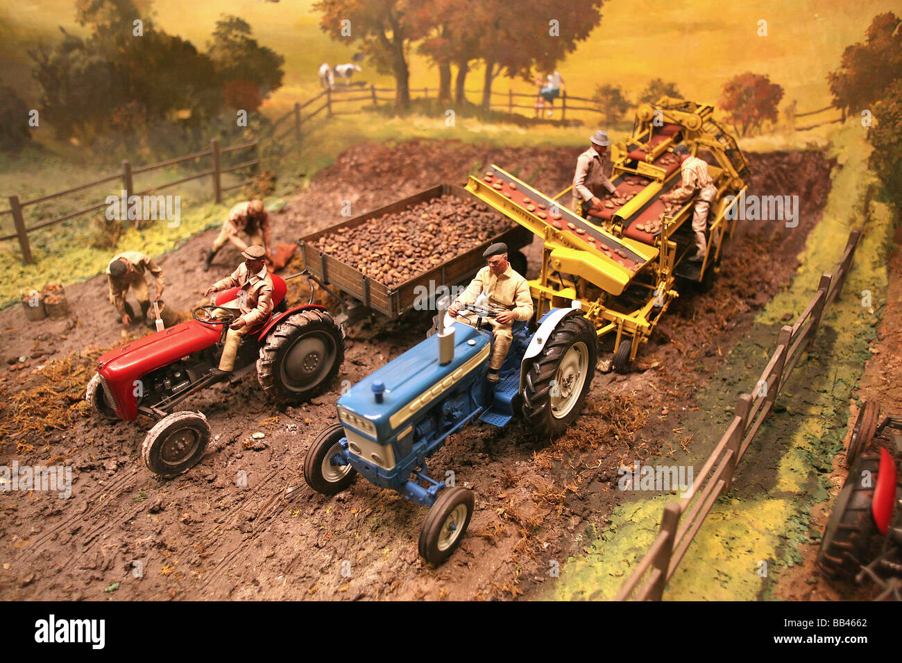 Agricultural diorama Science Museum London showing farm machinery harvesting potatoes Stock Photo