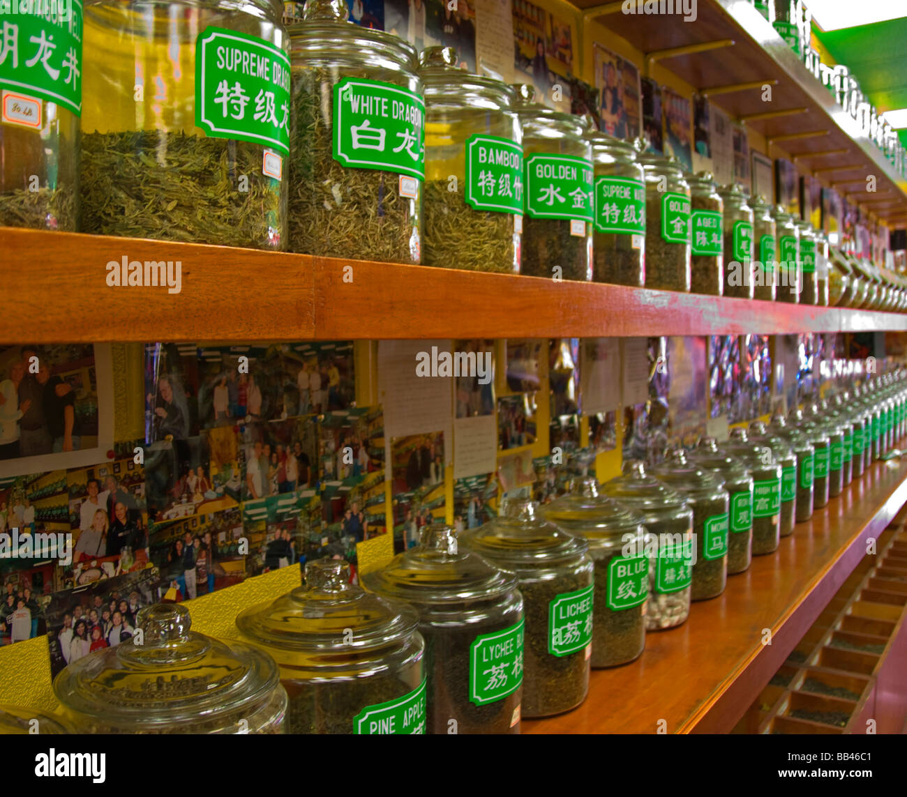 San Francisco Chinatown an Asian Tea Shop with jars of green labeled