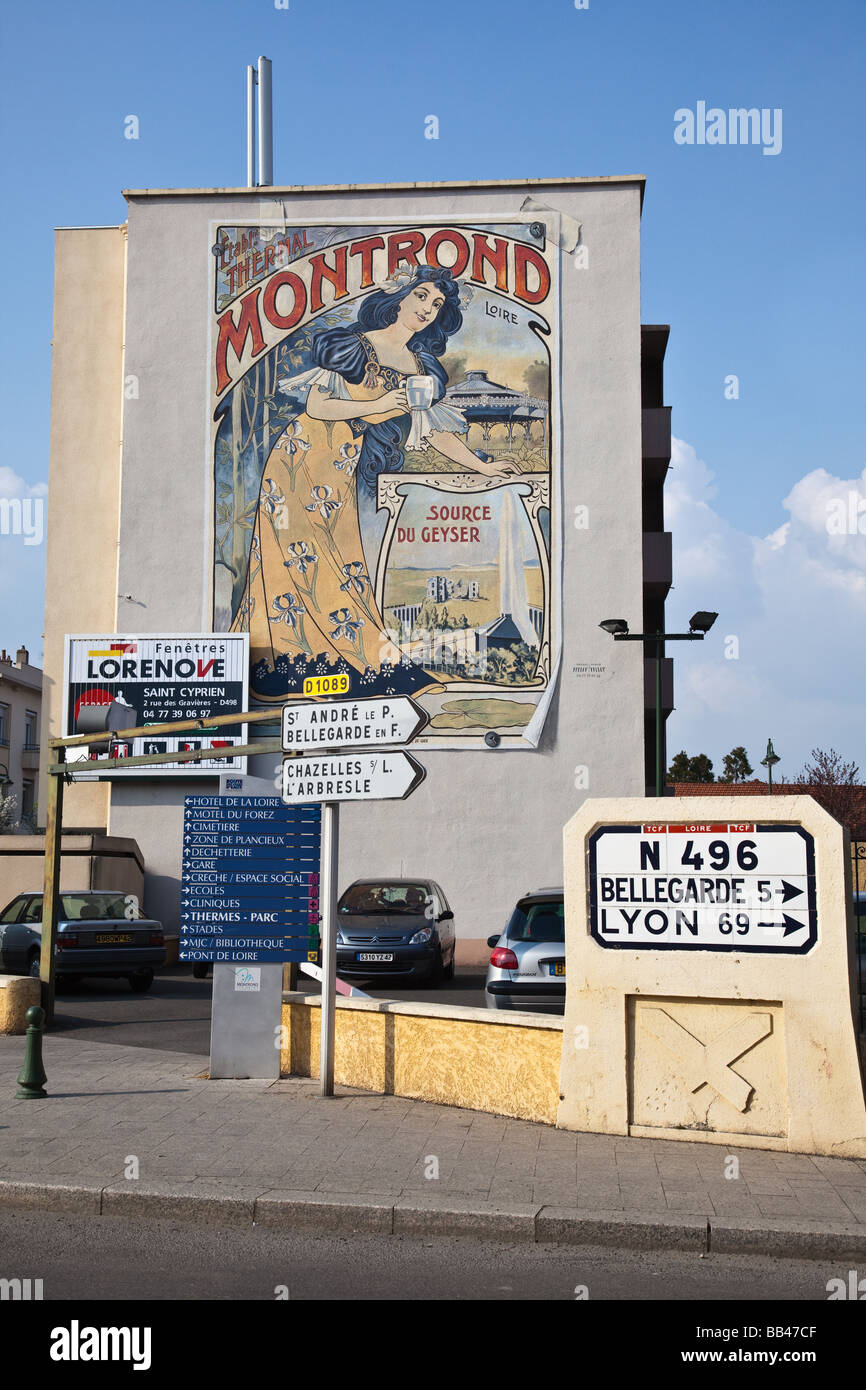 Mural on wall at main crossroads in Montrond Les Bains near Saint Etienne France Stock Photo