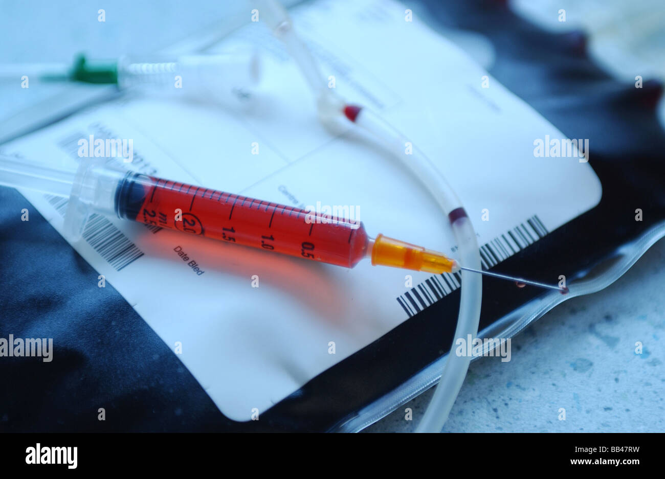 blood and saline bags in a hospital, ready to be used in an emergency