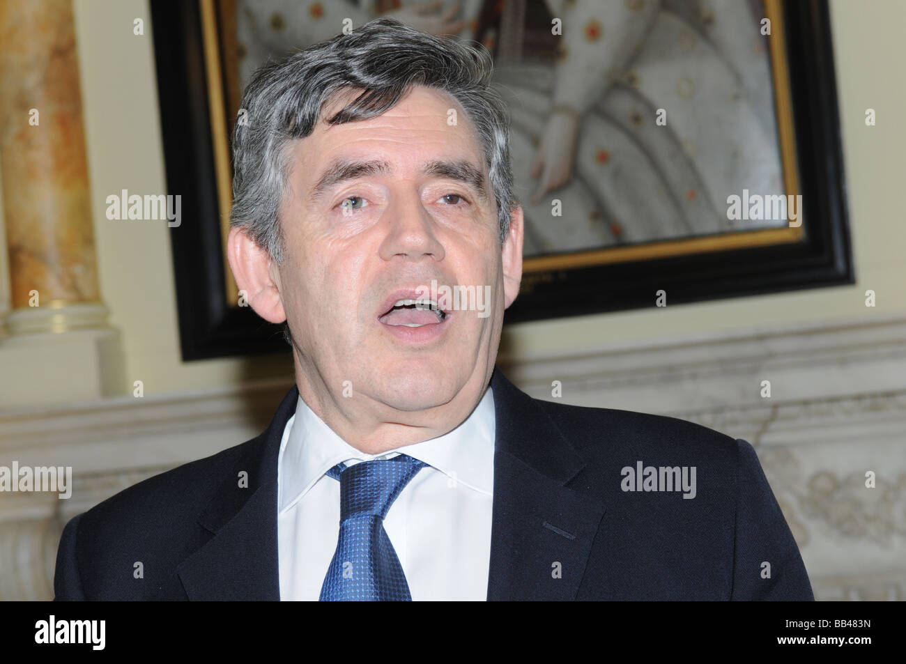 prime minister gordon brown talking at 10 downing street london Stock