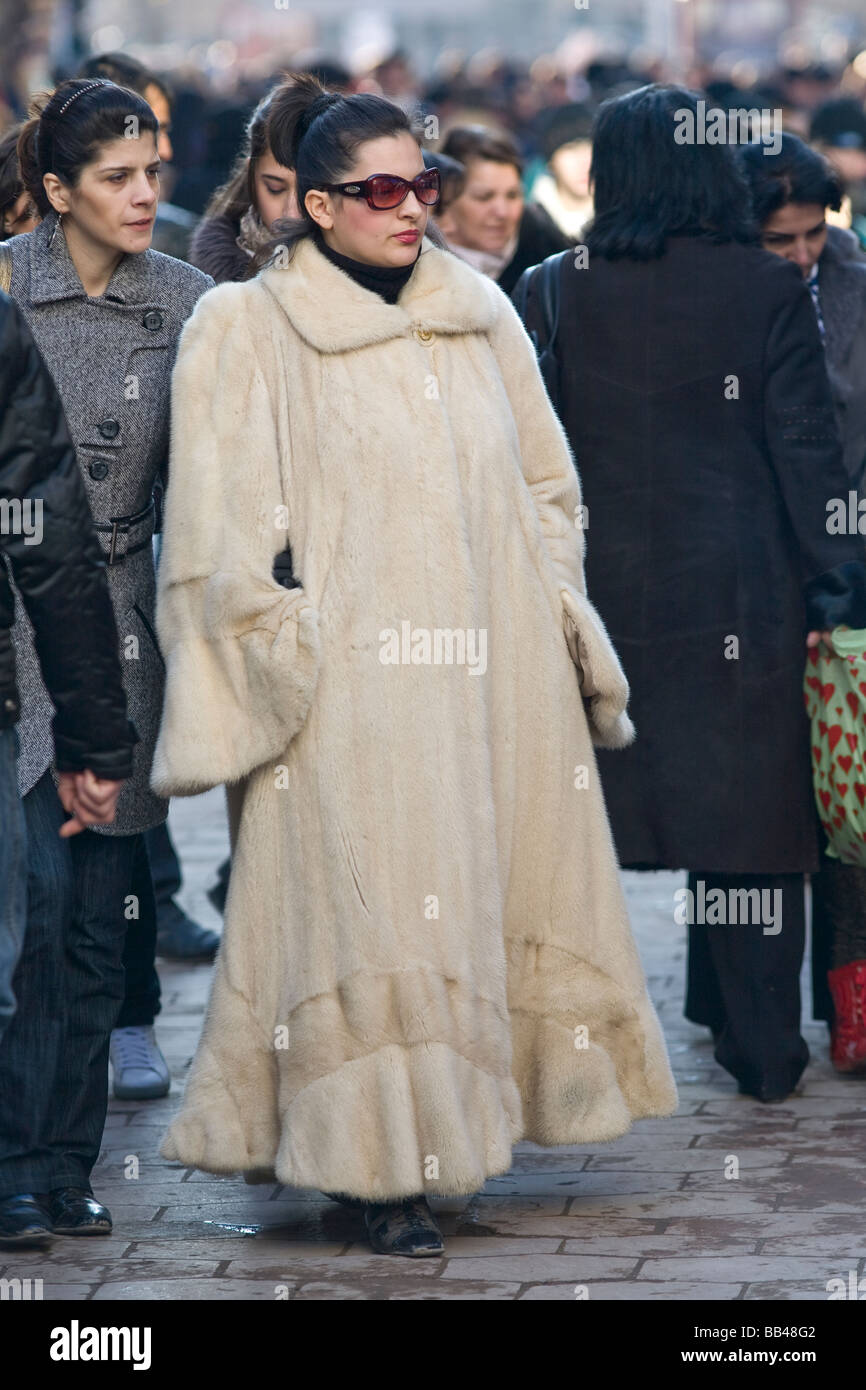 Woman in fur coat shopping in Baku, Azerbaijan. Stock Photo
