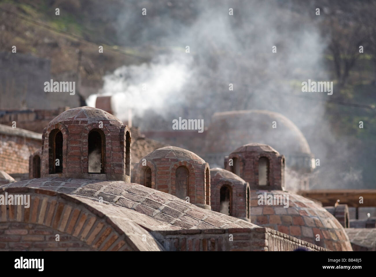 Steam rising from Sulphur Baths in Tbilisi, Georgia. Stock Photo