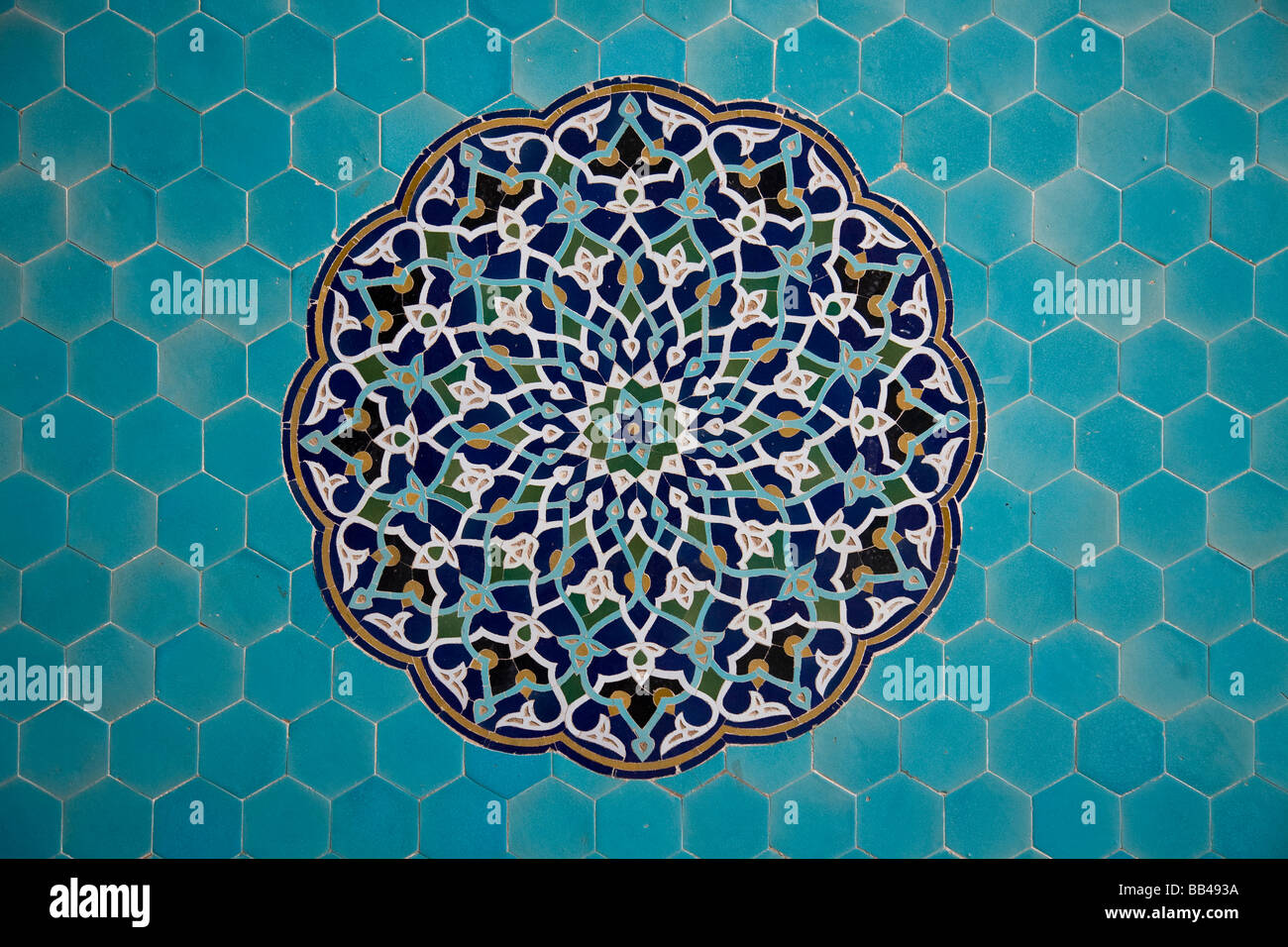 Close up of blue tiles on Jameh Mosque in Yazd, Iran. Stock Photo