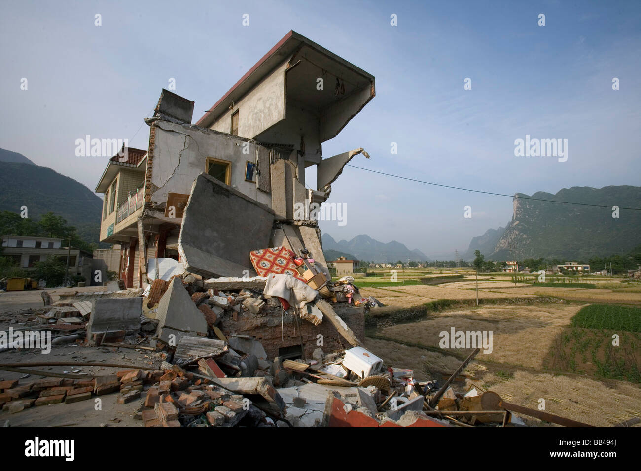 Homes destroyed by an earthquake in Pingan Township, China. Stock Photo
