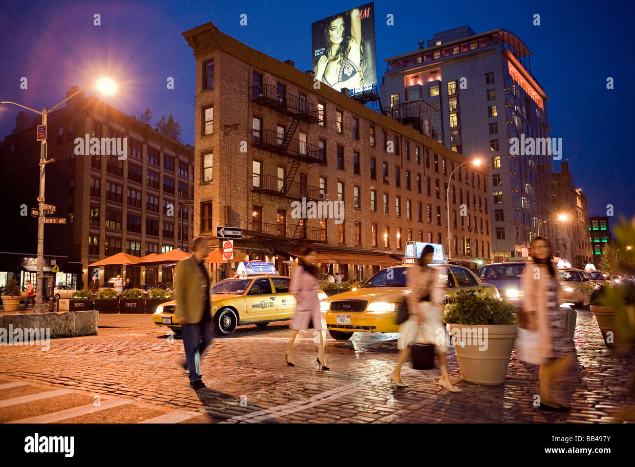Evening street scene in NYC's Meatpacking District. Stock Photo