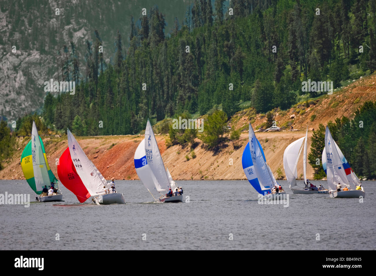 USA, Colorado, Dillon. Sailboats racing on Dillon Reservoir Stock Photo
