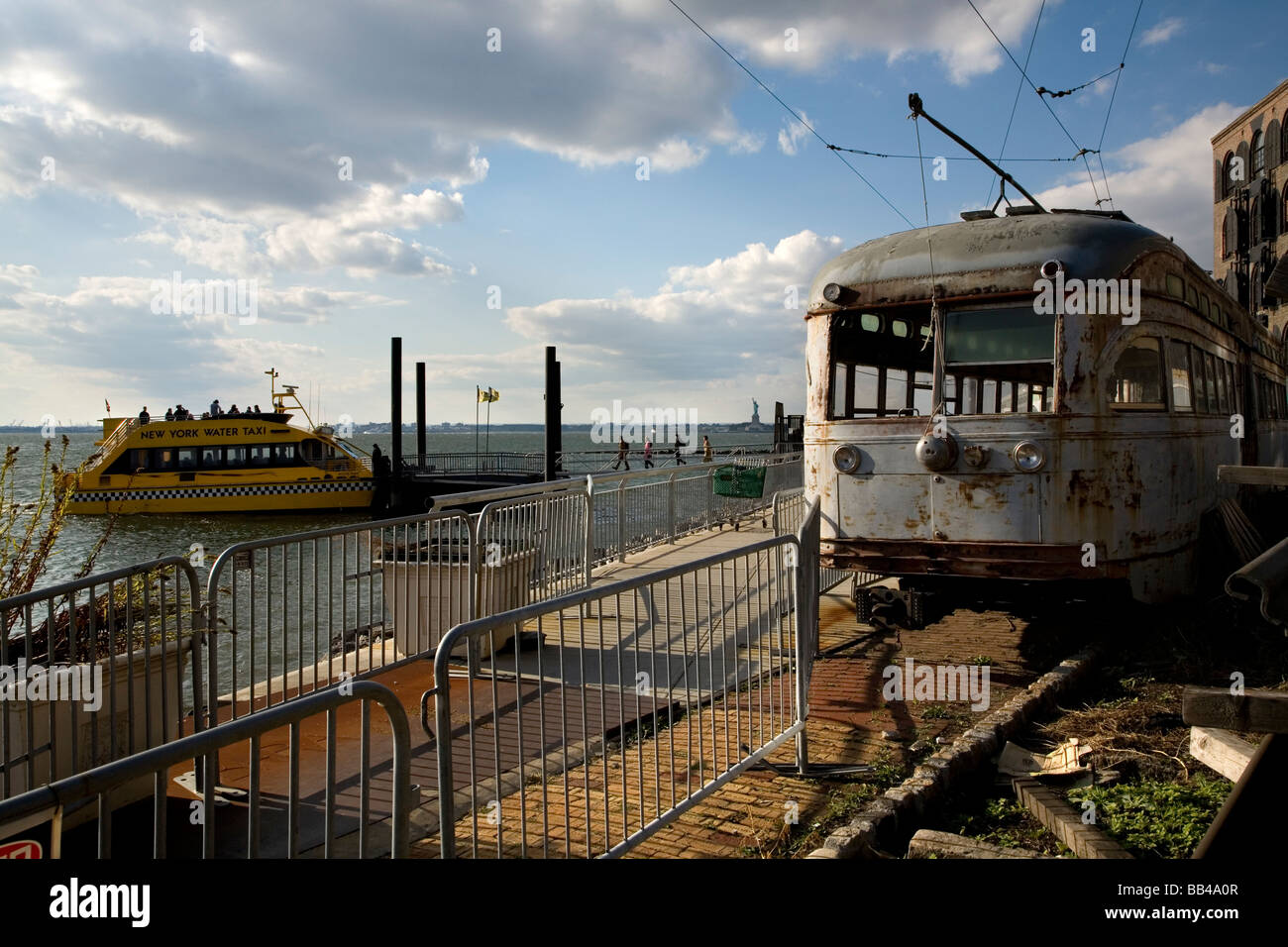 A ferry docks in Red Hook, Brooklyn Stock Photo