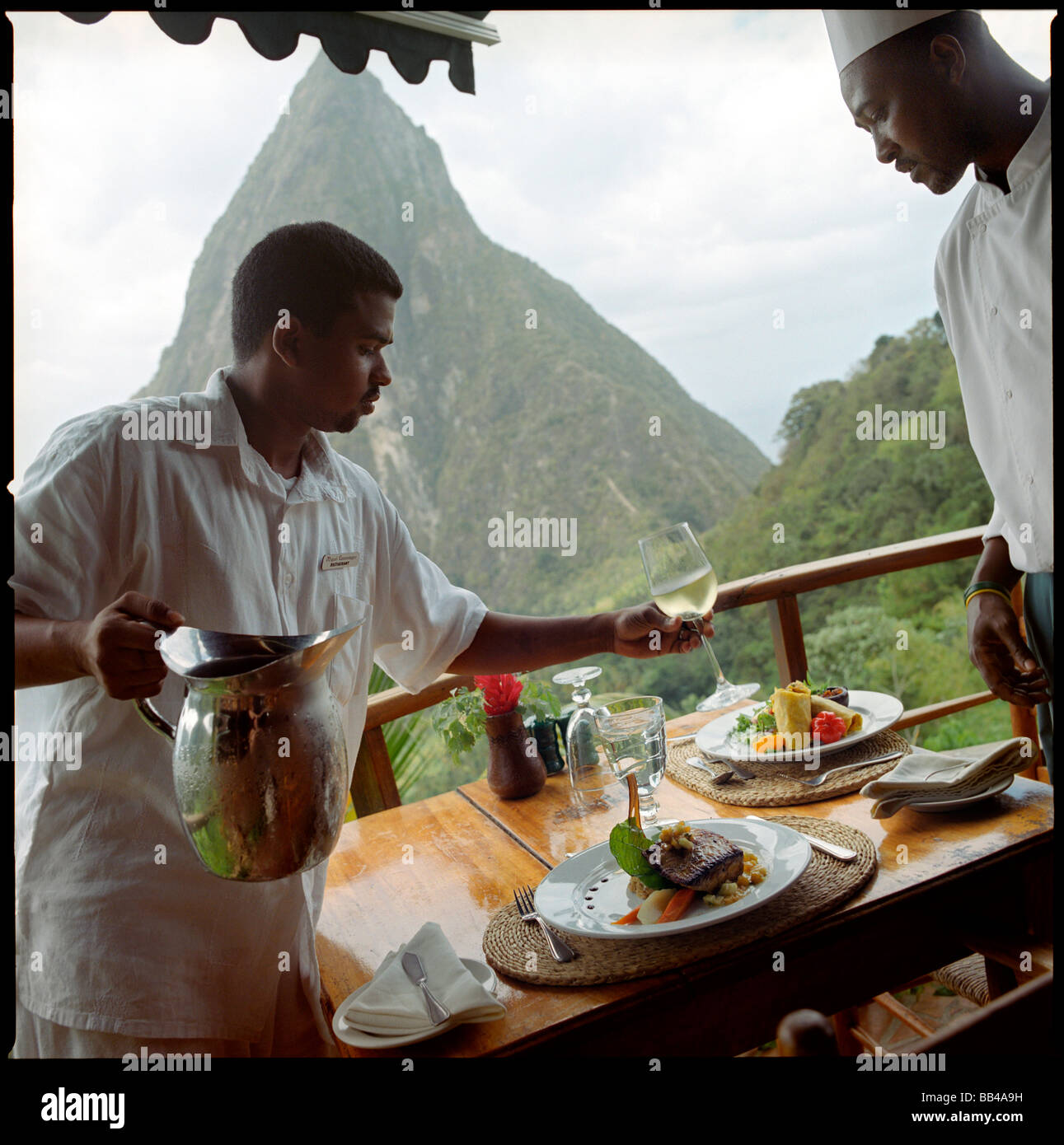 Dasheene restaurant at Ladera Luxury resort on St. Lucia Stock Photo