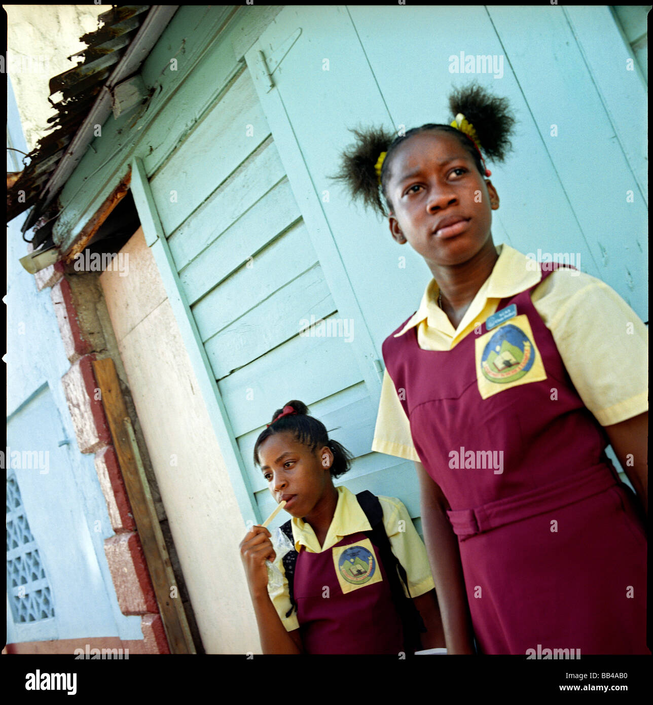 Two teenage school girls on St. Lucia Stock Photo