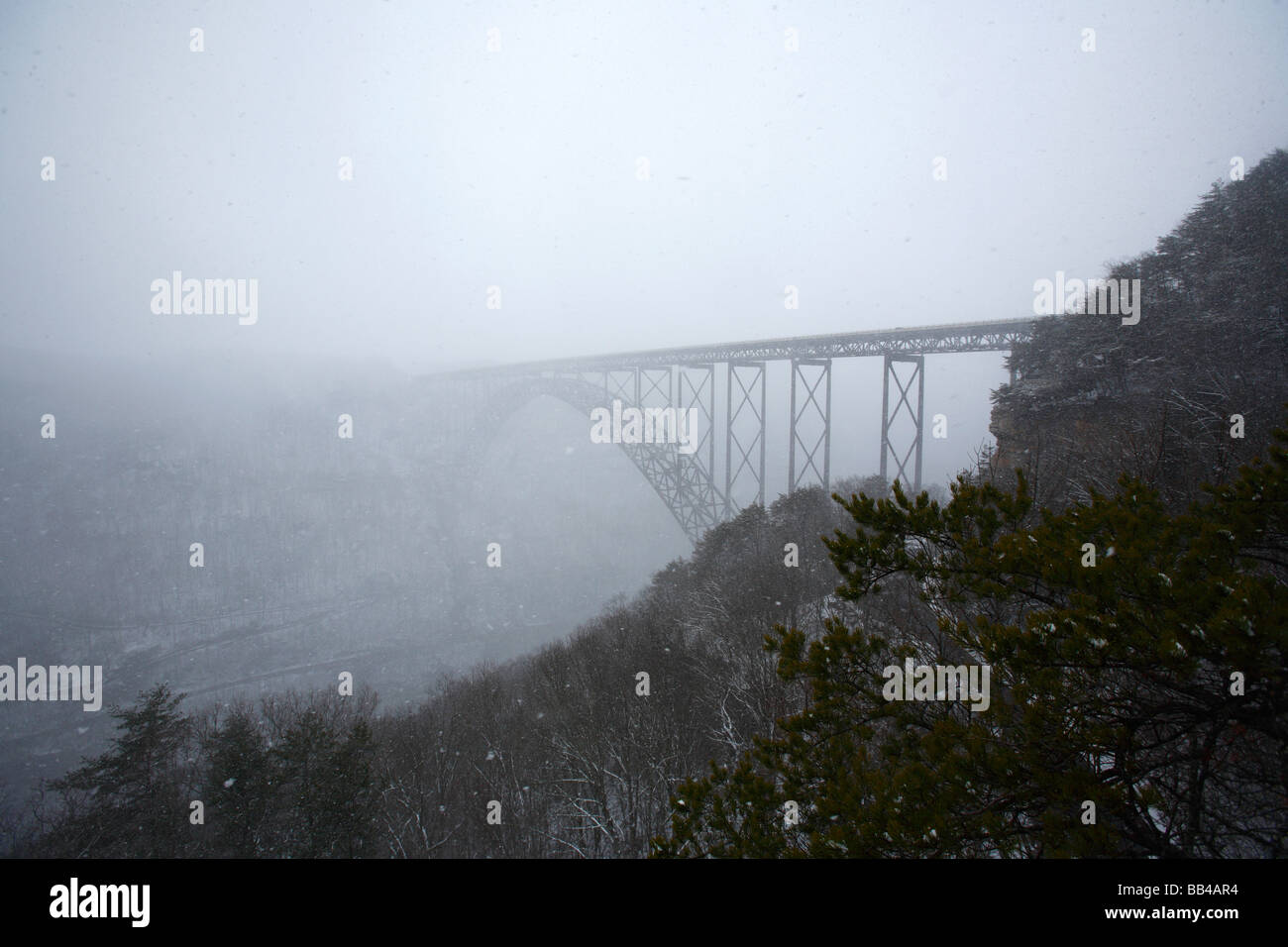 Snow falling on the New River Gorge bridge in Fayetteville, WV Stock Photo