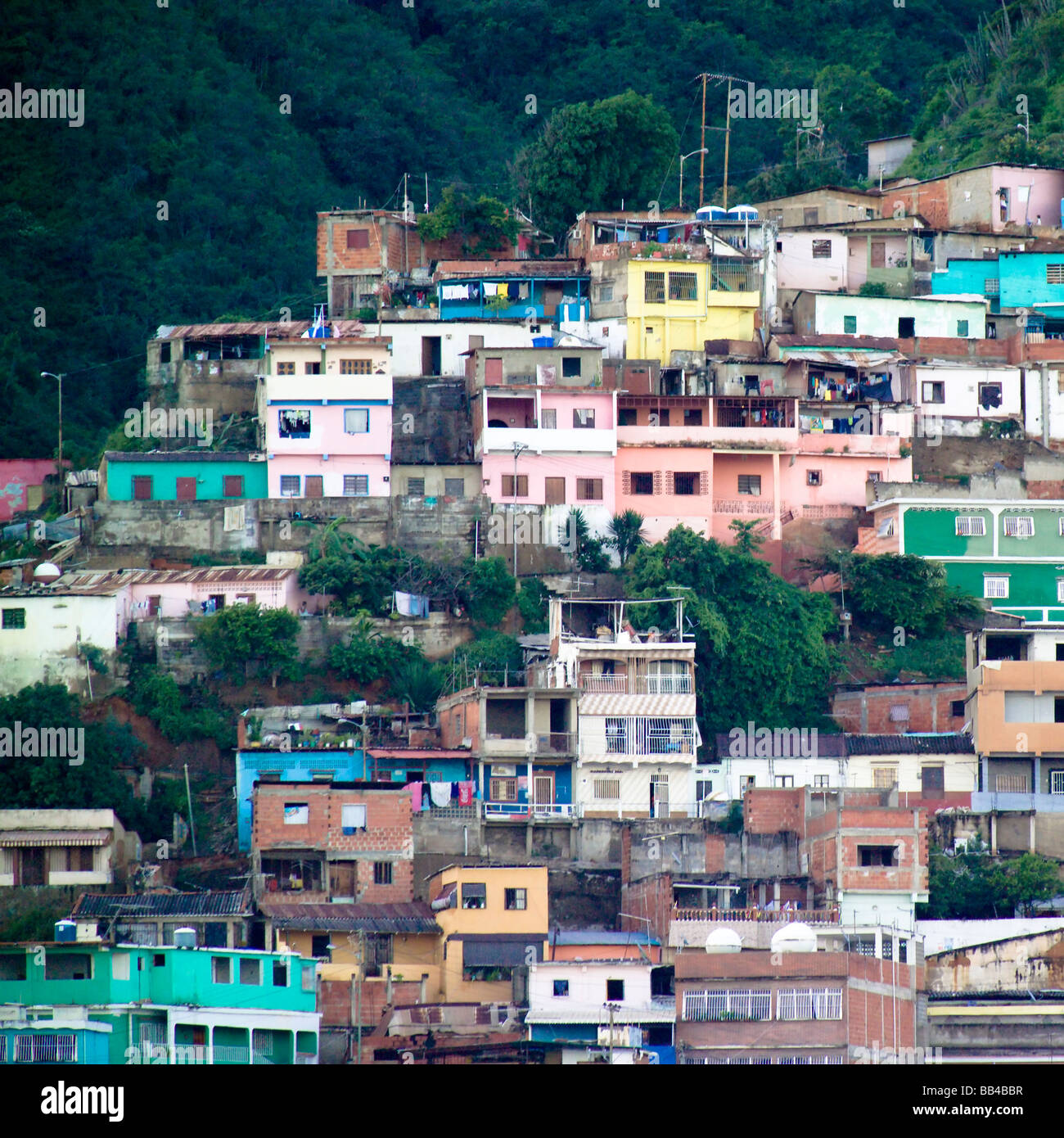 Colorful houses of a favela or barrio in La Guaria, Venezuela. Stock Photo