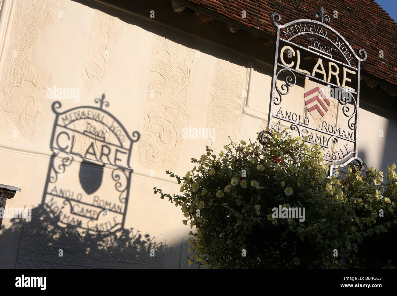 Town sign for the small town of Clare in Suffolk Stock Photo