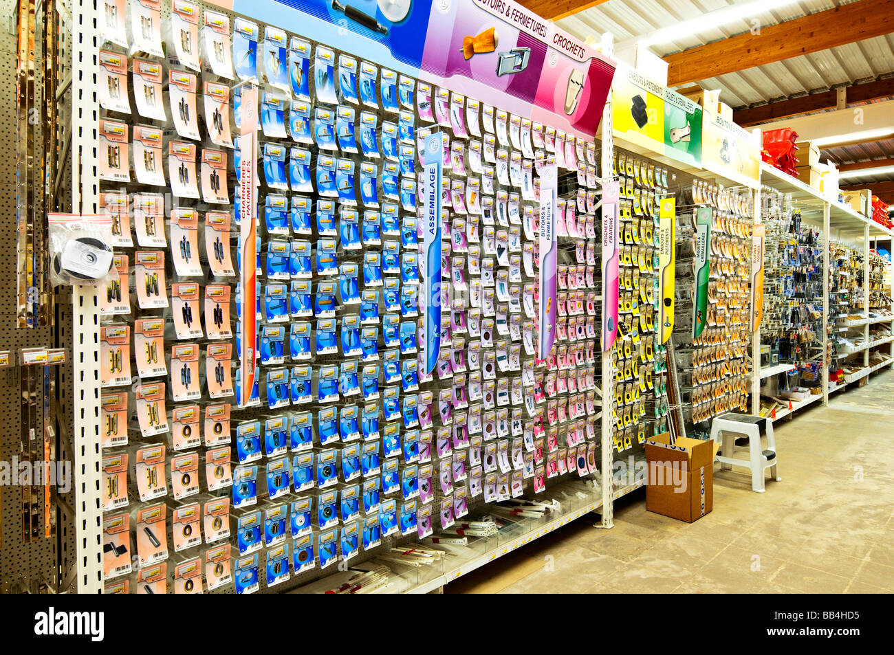 Domestic ironmongery display at 'Bricomarché' D-I-Y store, France. Stock Photo