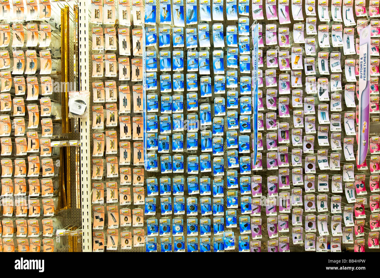 Domestic ironmongery display at 'Bricomarché' D-I-Y store, France. Stock Photo
