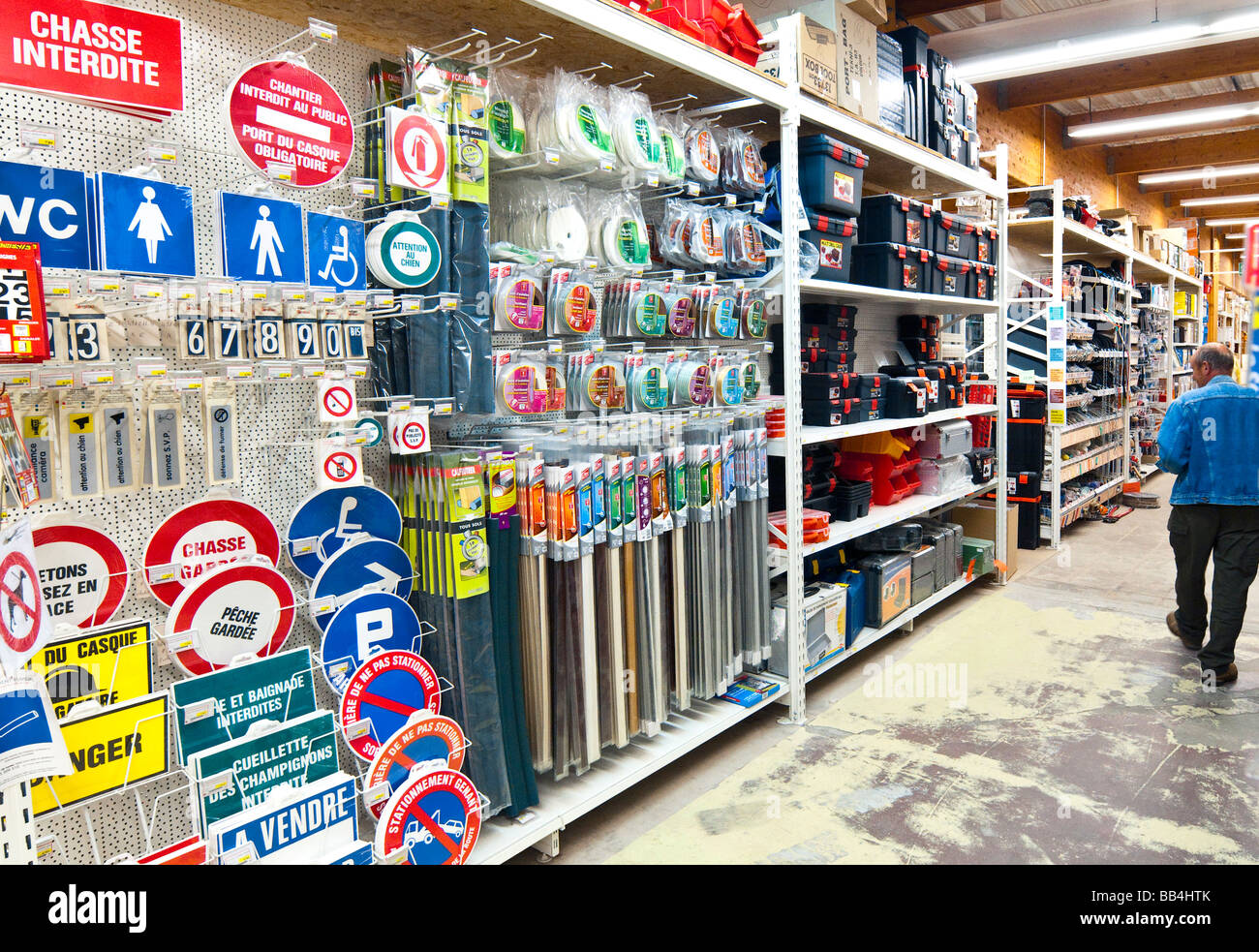 Domestic signs and draft excluder fittings display at 'Bricomarché' D-I-Y store - France. Stock Photo