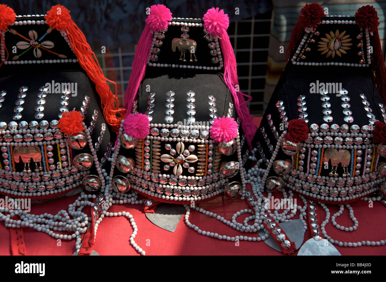 Detail of tribal Akha headdress in the market of Chiang Mai Thailand Stock Photo