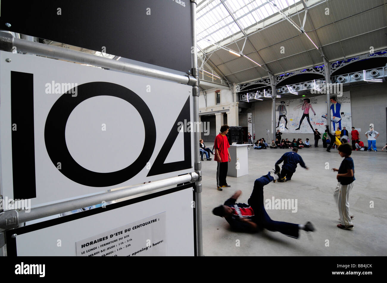 The 'CentQuatre' ('104' in French) is a modern Arts centre located in a former funeral parlour, in Paris, France. Stock Photo