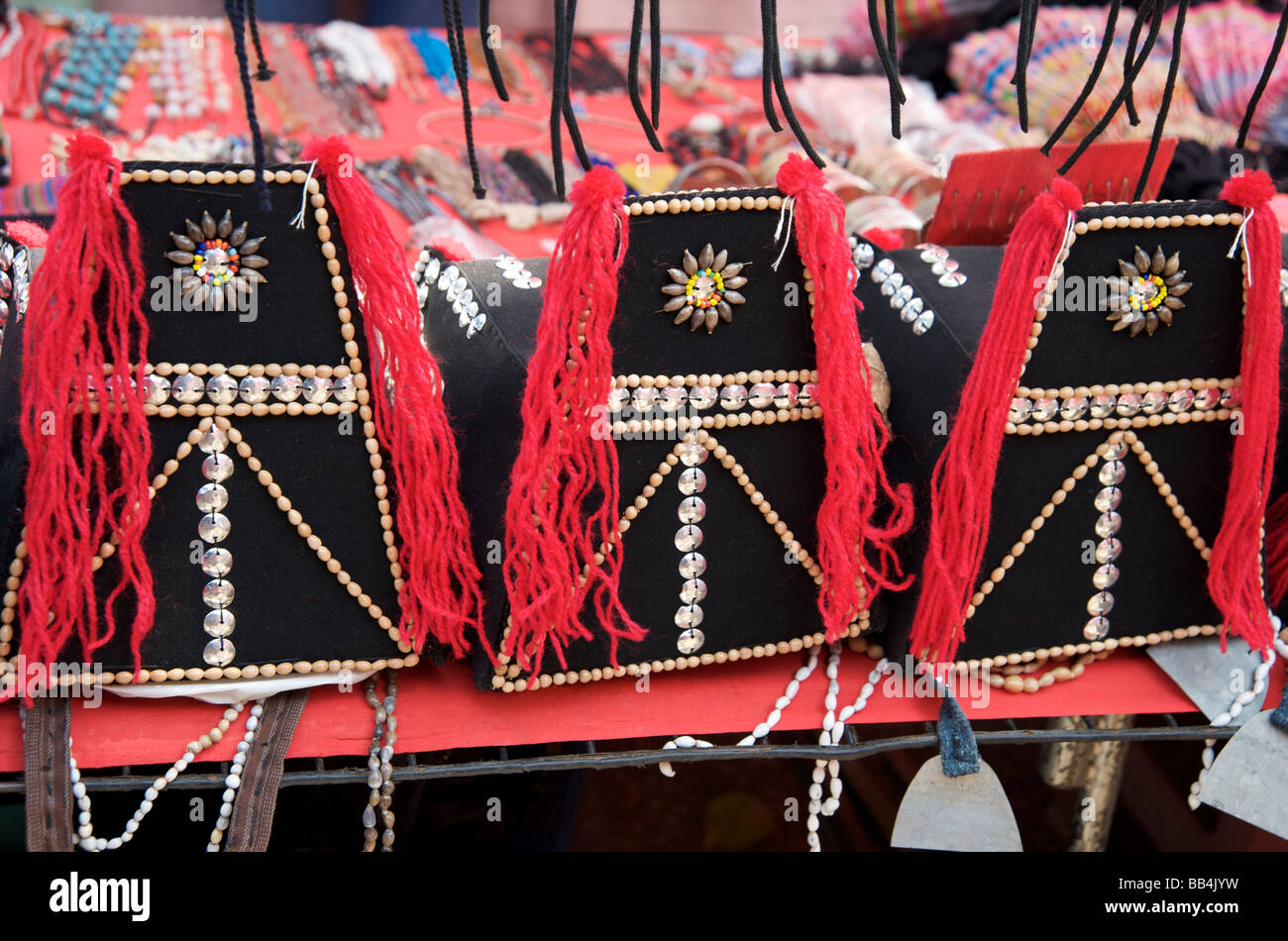 A back view of ethnic tribal Akha headdress in the walking markets of Chiang Mai Stock Photo