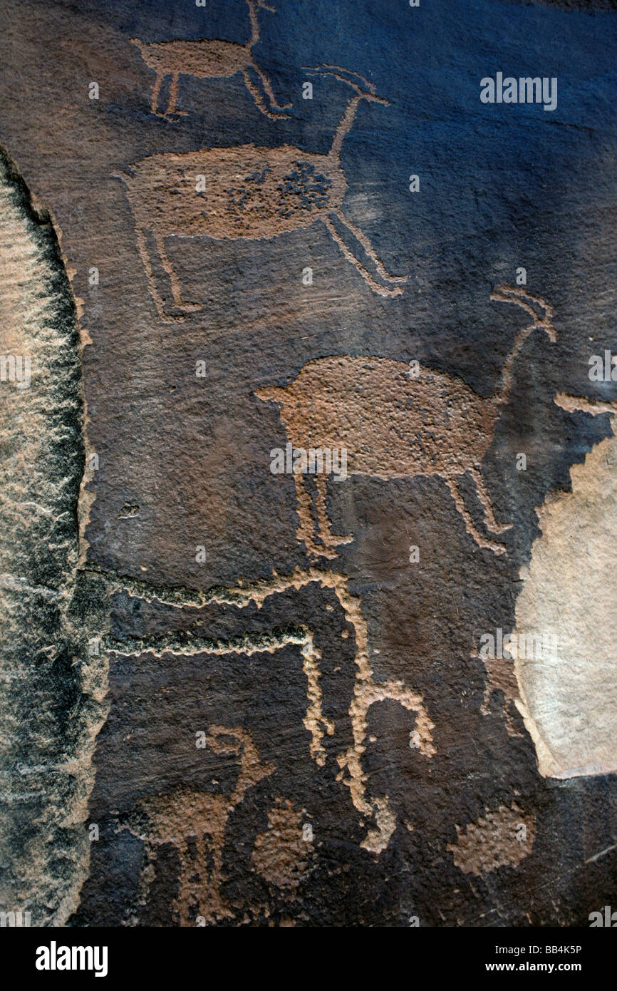Prehistoric and historic petroglyphs at Newspaper Rock in Utah Stock Photo